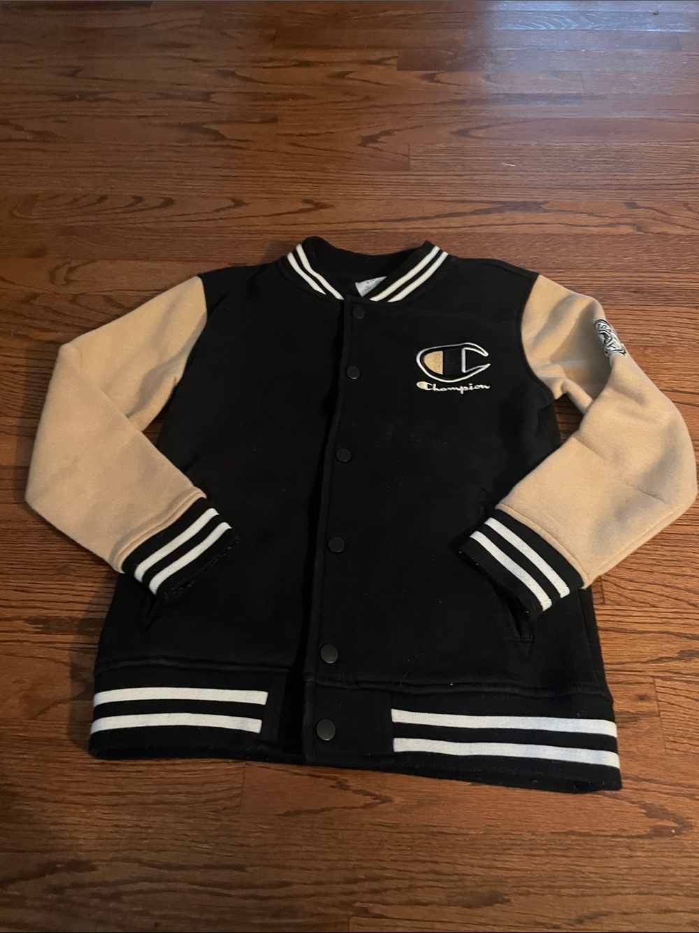 Champion Black Jacket with Tan Sleeves Kids' Varsity Style Hoodie